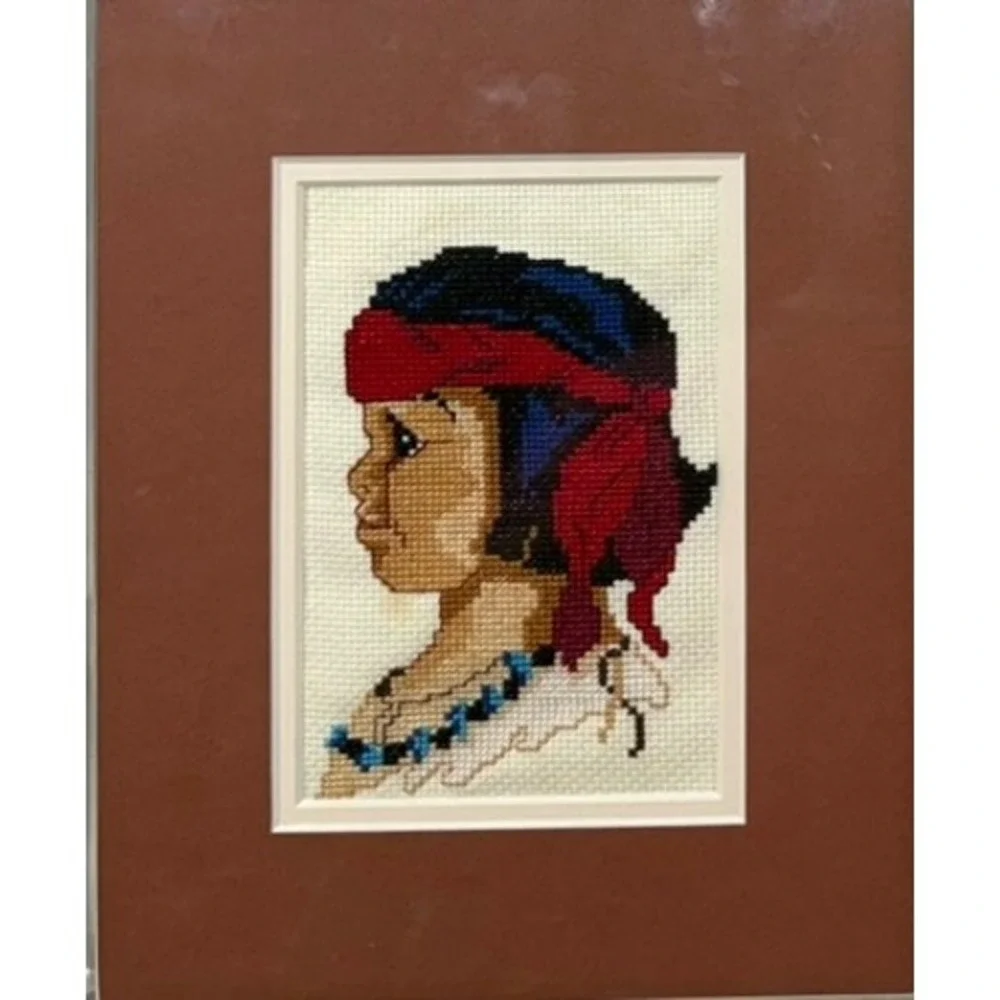 Vintage Native American Needlepoint Portraits Set of 2 Southwestern Wall Art